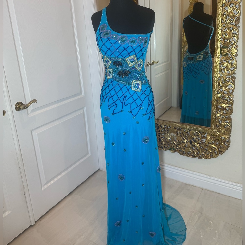 One-Shoulder Turquoise Evening Gown‎ with Beaded Embellishment